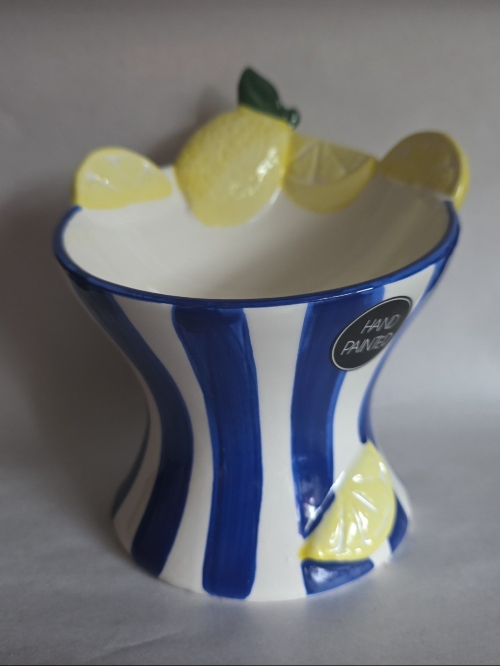 Luna & Sage cat food bowl. Hand-Painted Blue & White Striped Lemon Ceramic